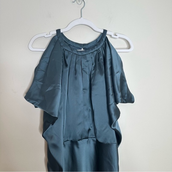 AMSALE Size 12 Women's Petrol Satin Cold Shoulder Evening Dress - Picture 6 of 11